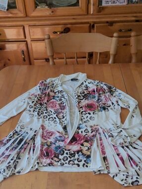 Floral Leopard Print Fringe Open Cardigan - White/Pink